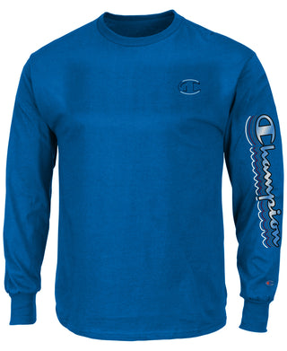 Camiseta masculina Champion com logo gráfico de manga comprida, azul, tamanho médio