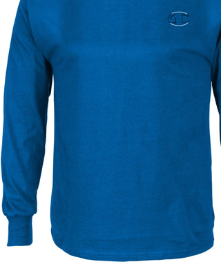 Camiseta masculina Champion com logo gráfico de manga comprida, azul, tamanho médio