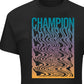 Camiseta masculina Champion com estampa psicodélica e logotipo retrô, preta, tamanho XXX-G