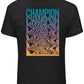 Camiseta masculina Champion com estampa psicodélica e logotipo retrô, preta, tamanho XXX-G