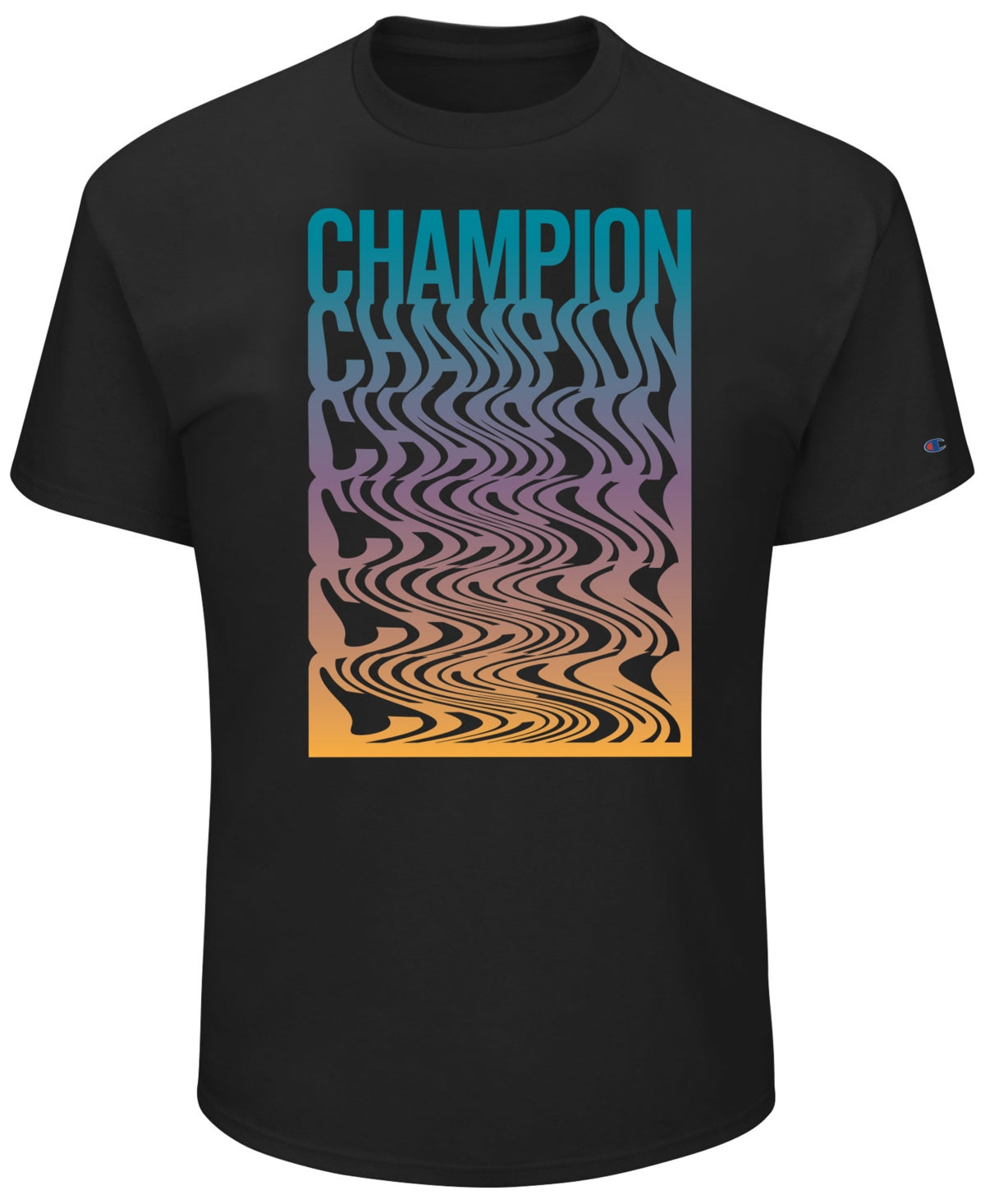 Camiseta masculina Champion com estampa psicodélica e logotipo retrô, preta, tamanho XXX-G