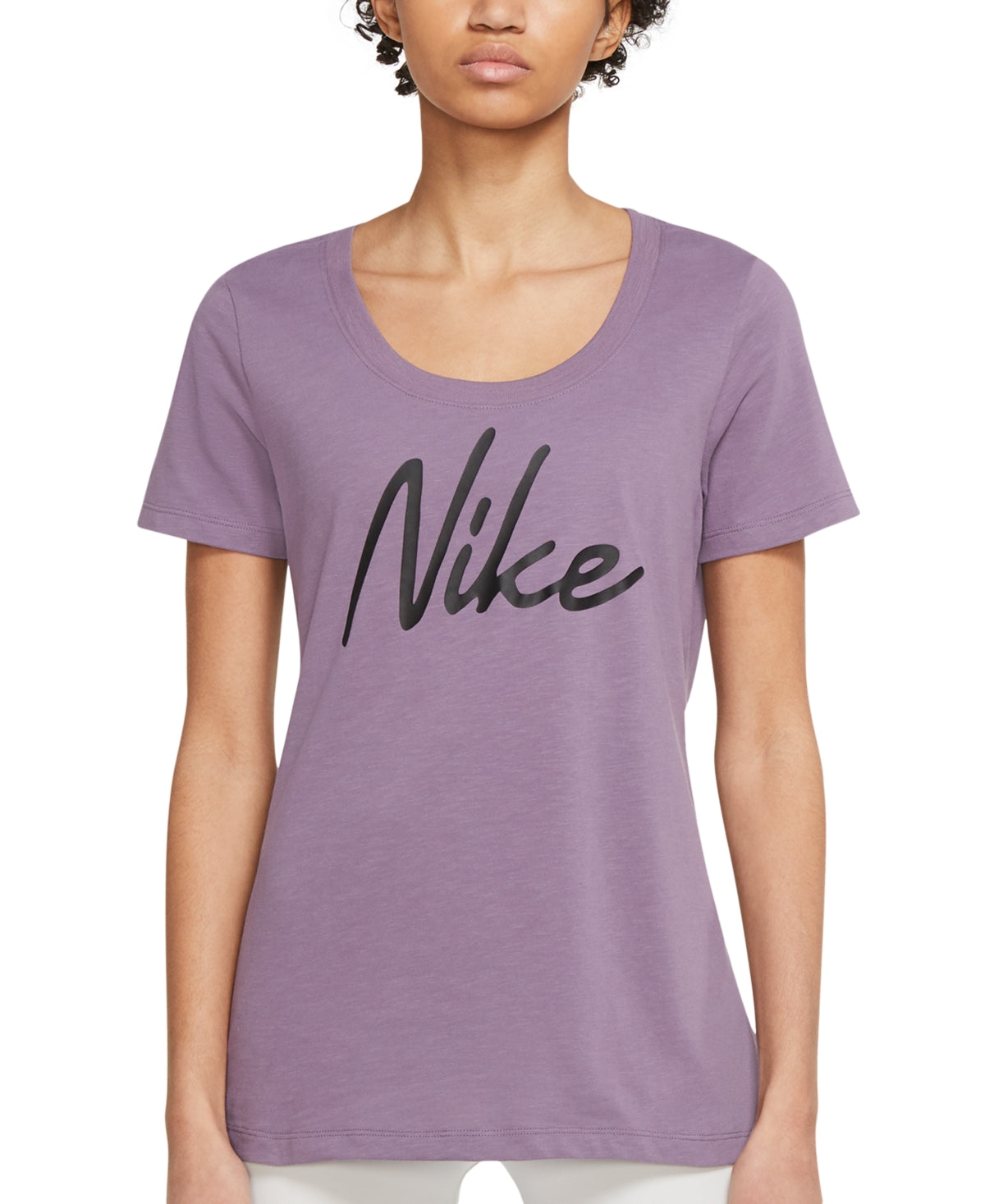 Camiseta Nike Dri Fit Script Logo Training Feminina Roxa Tamanho Grande