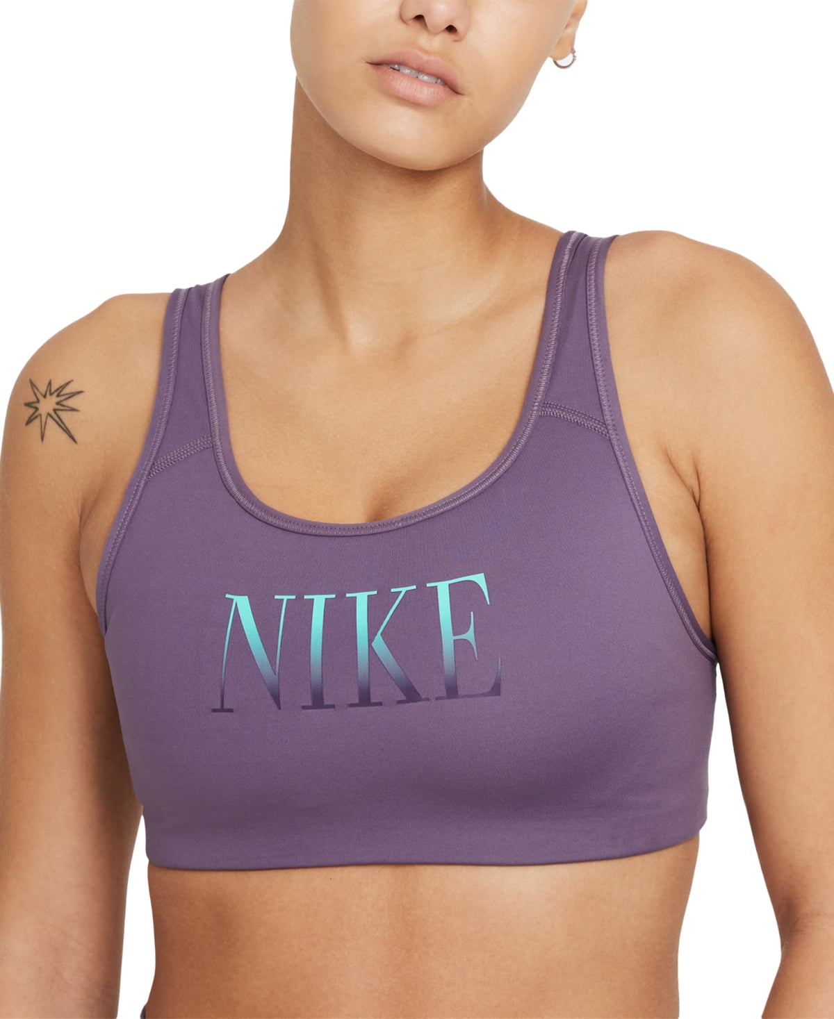 Sutiã esportivo Nike Dri Fit Logo Scoop Back médio impacto feminino, roxo, tamanho pequeno