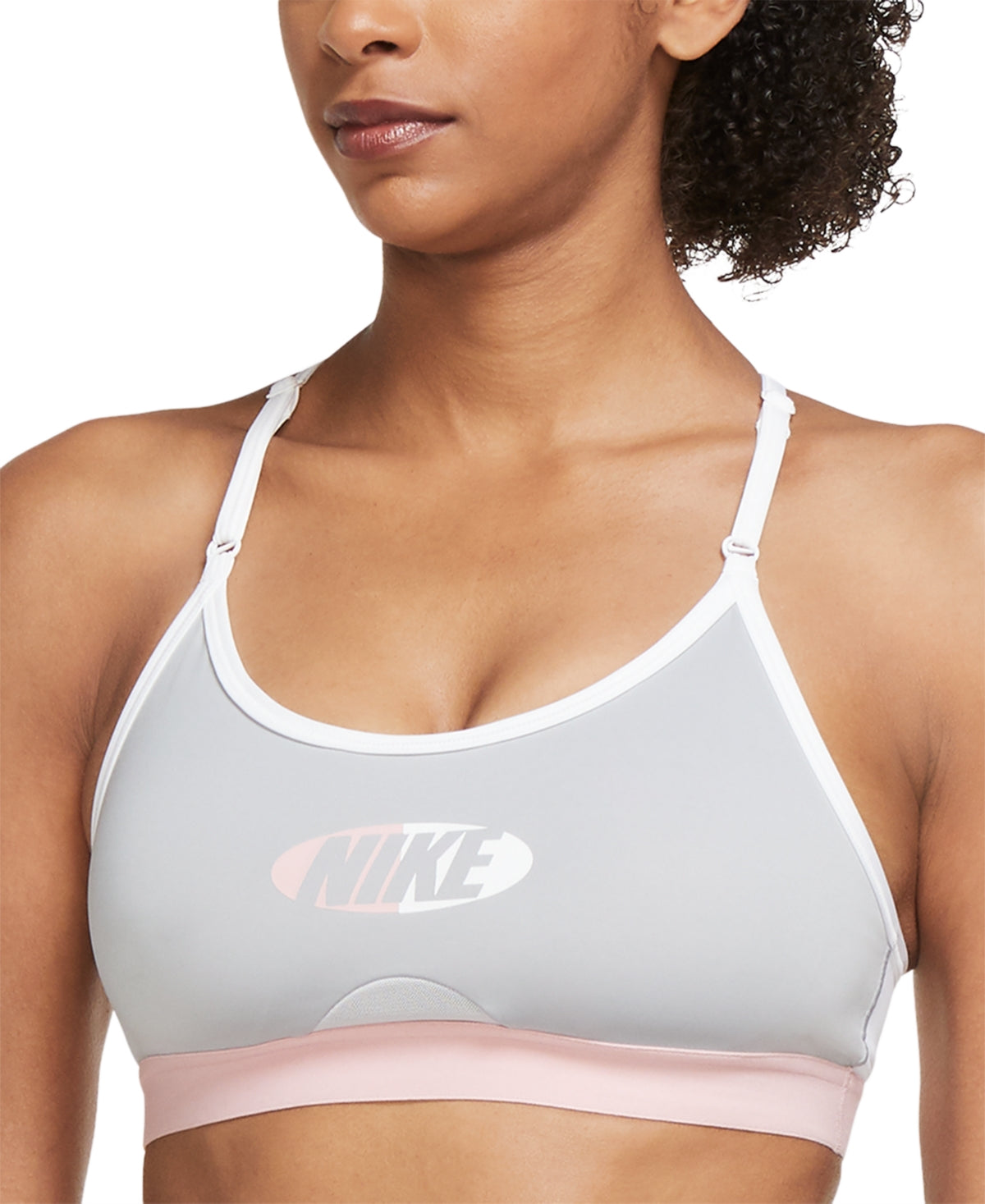 Sutiã esportivo Nike Dri Fit Indy Colorblocked feminino, cinza-fumaça, tamanho médio