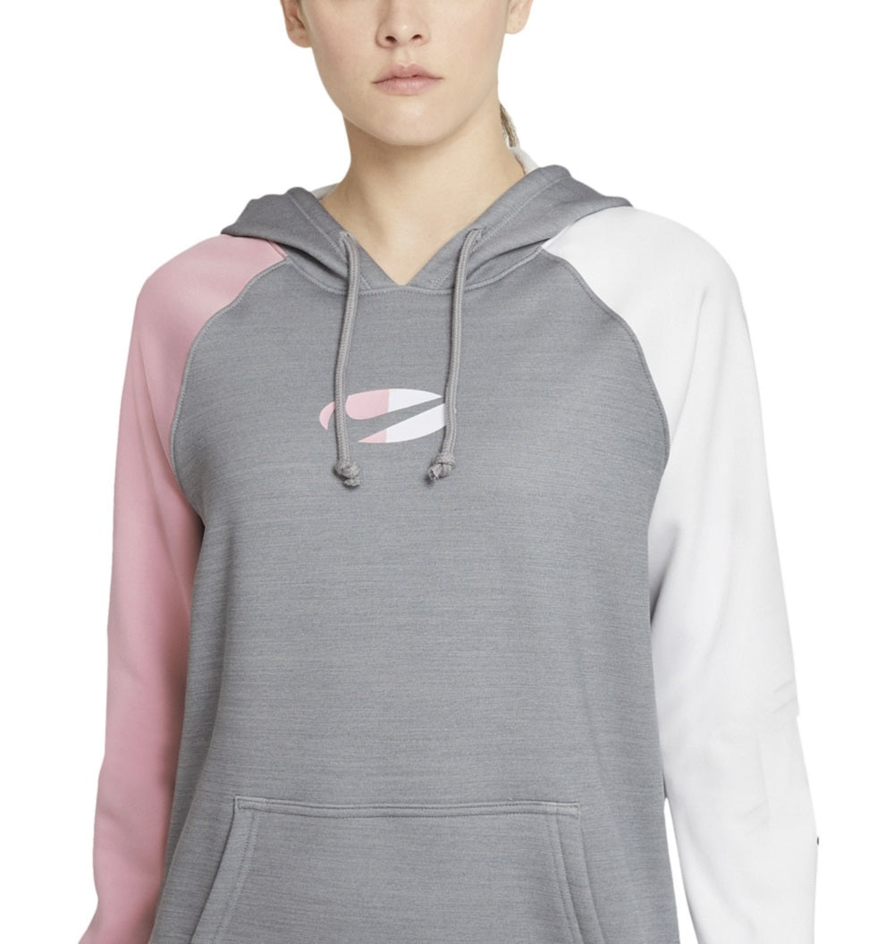 Moletom com capuz Nike Cotton Therma Fit Colorblocked Fleece feminino, cinza, tamanho pequeno