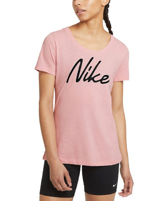Camiseta de treino Nike Dri Fit Script Logo feminina, rosa, tamanho XS