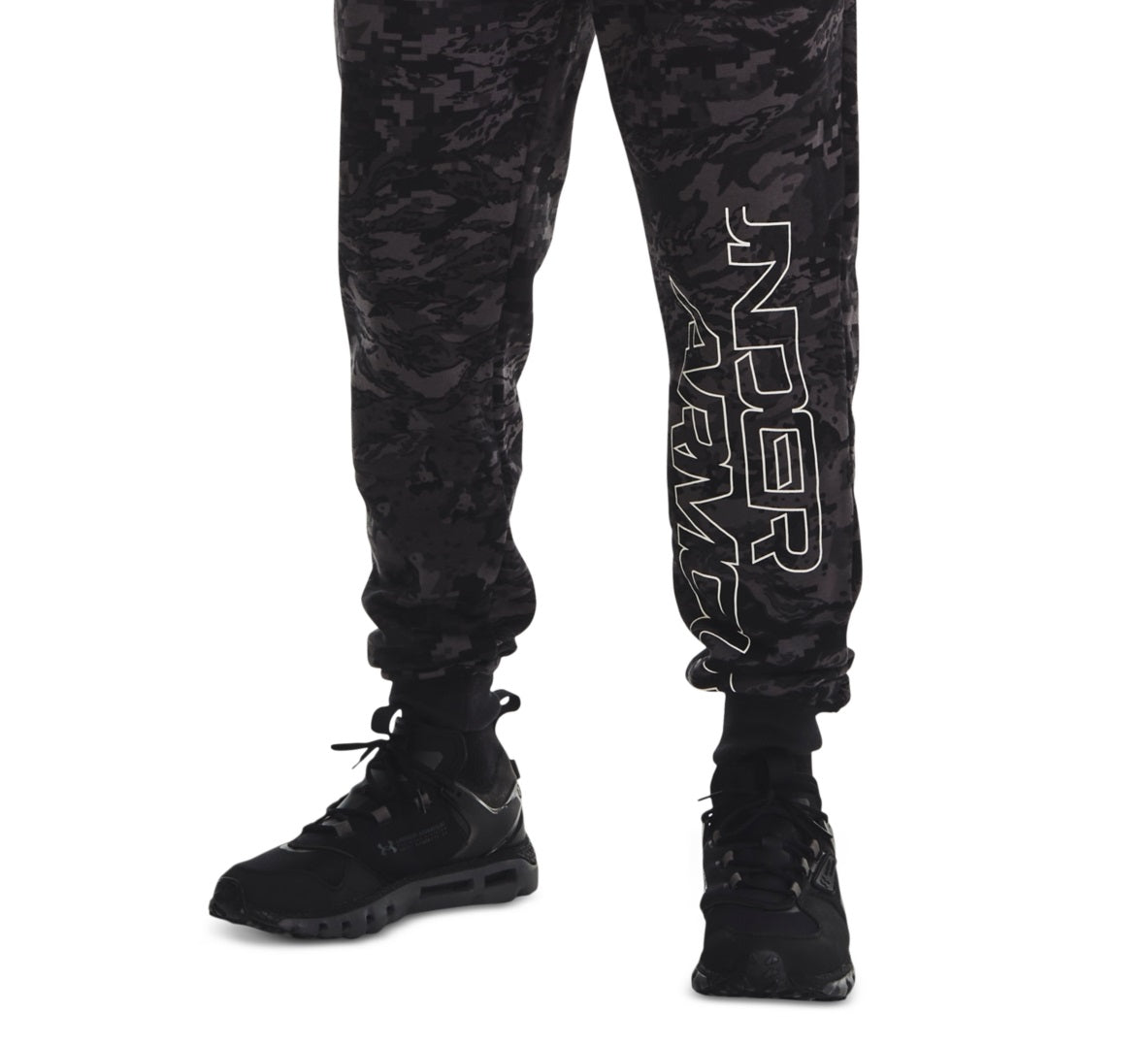 Calça de moletom Under Armour Rival Camo Script Fleece Masculina Preta Tamanho Grande