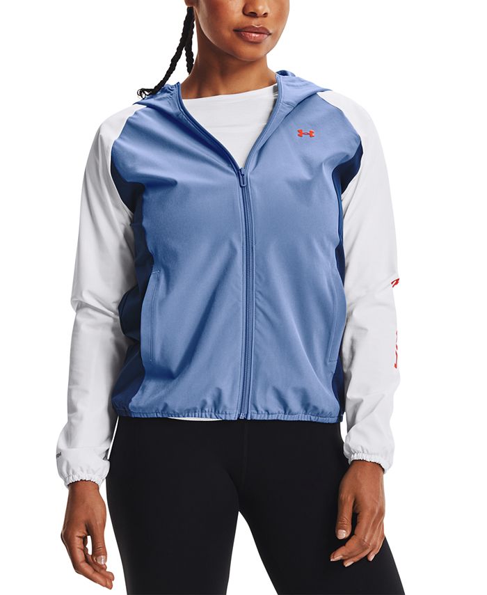 Jaqueta com capuz Under Armour Storm Woven feminina, azul, tamanho grande