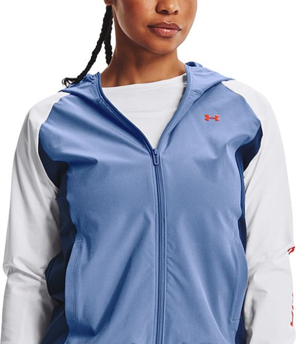 Jaqueta com capuz Under Armour Storm Woven feminina, azul, tamanho grande