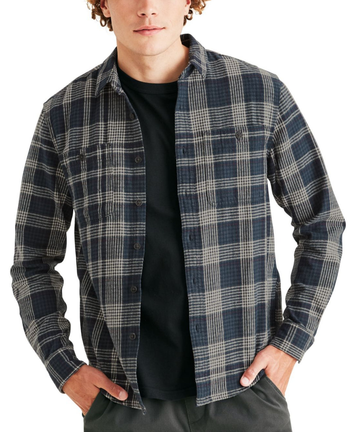 Camisa xadrez masculina Dockers com dois bolsos, azul, tamanho XL
