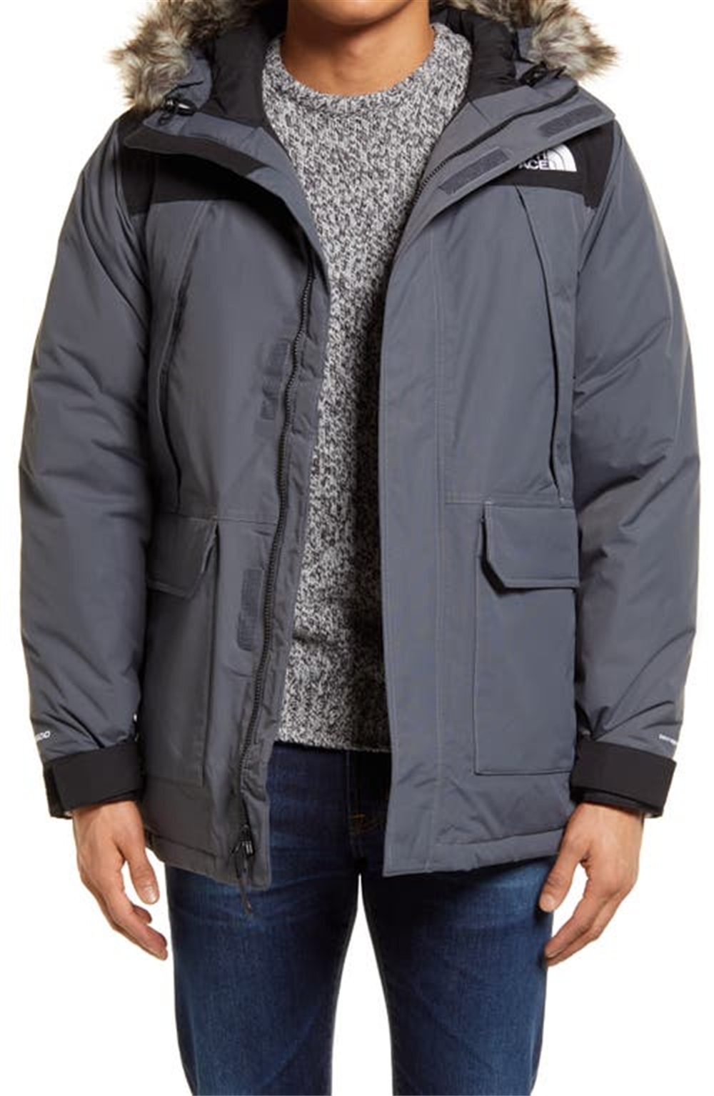 Casaco impermeável de penas de ganso The North Face masculino com acabamento em pele sintética, cinza, tamanho pequeno