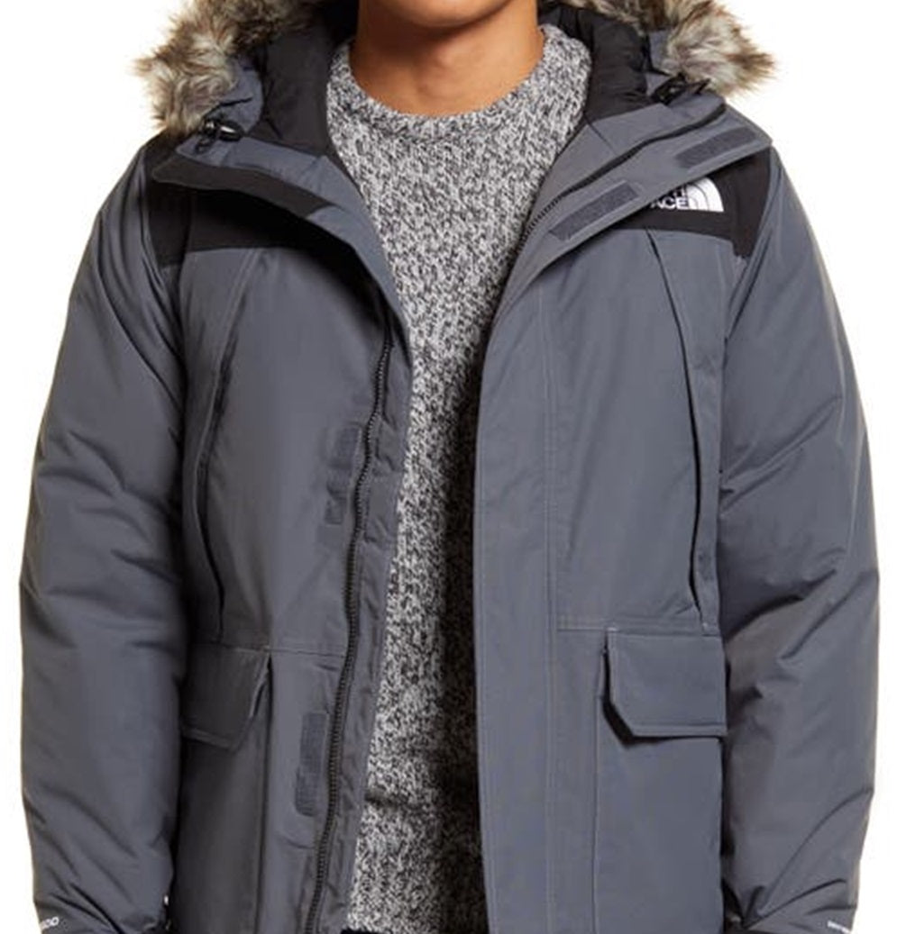 Casaco impermeável de penas de ganso The North Face masculino com acabamento em pele sintética, cinza, tamanho pequeno