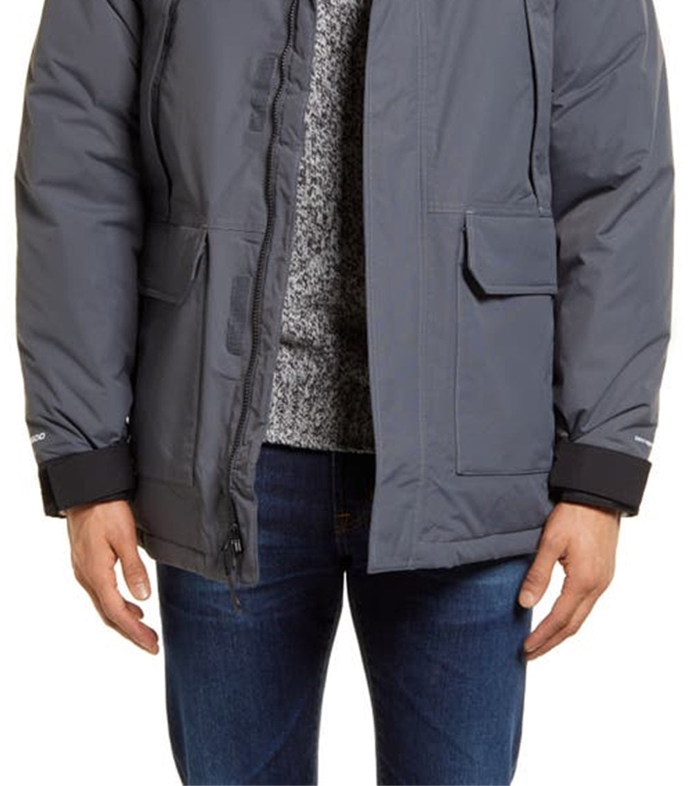Casaco impermeável de penas de ganso The North Face masculino com acabamento em pele sintética, cinza, tamanho pequeno