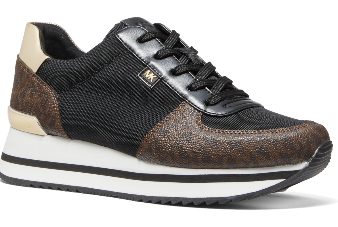 Tênis feminino Michael Kors com cadarço metálico em tecido marrom, tamanho 6