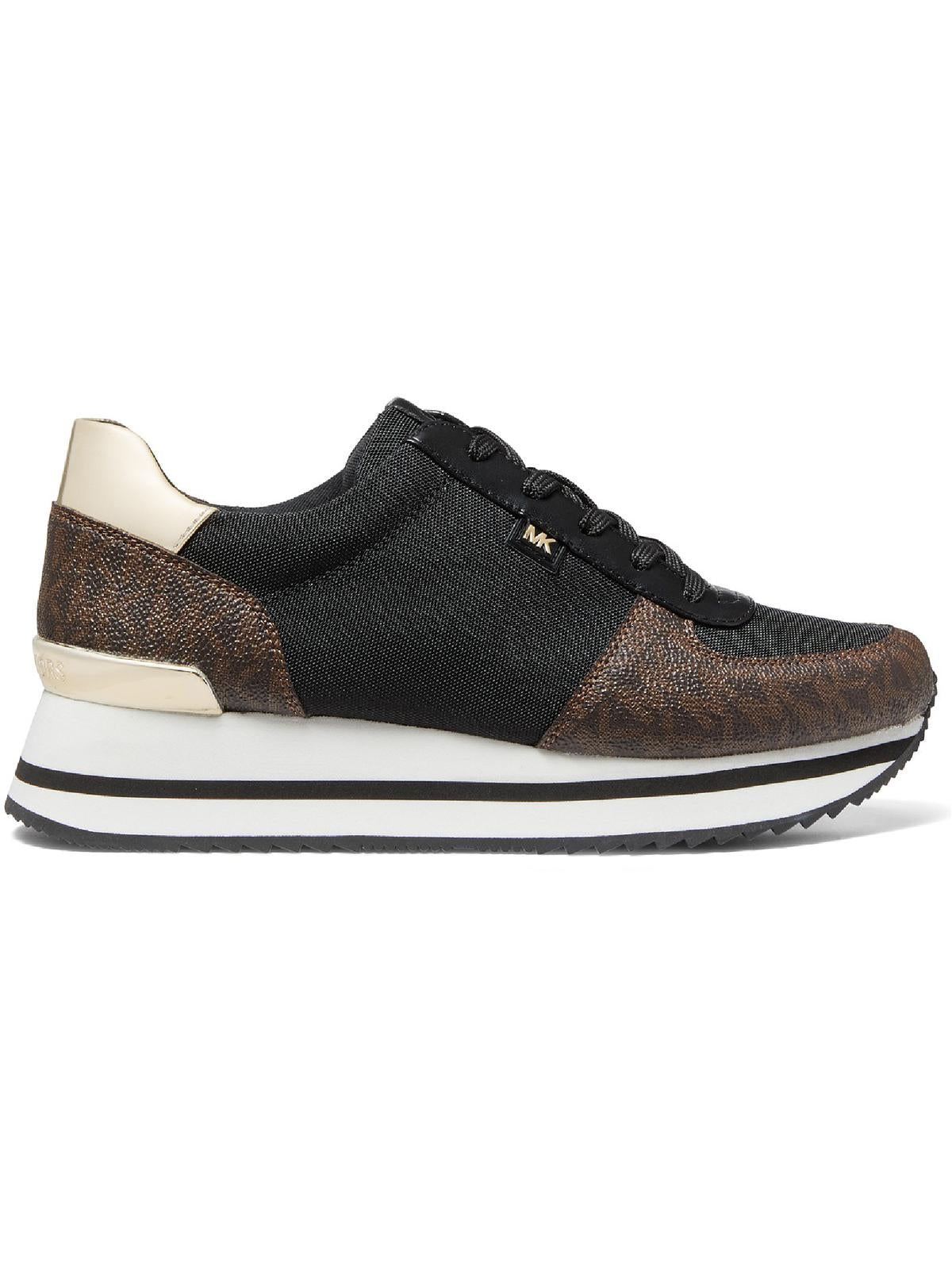 Tênis feminino Michael Kors com cadarço metálico em tecido marrom, tamanho 6,5