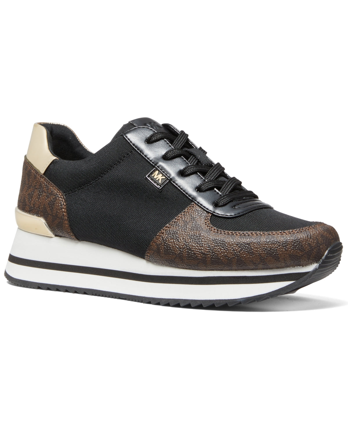 Tênis feminino Michael Kors com cadarço metálico em tecido marrom, tamanho 6,5