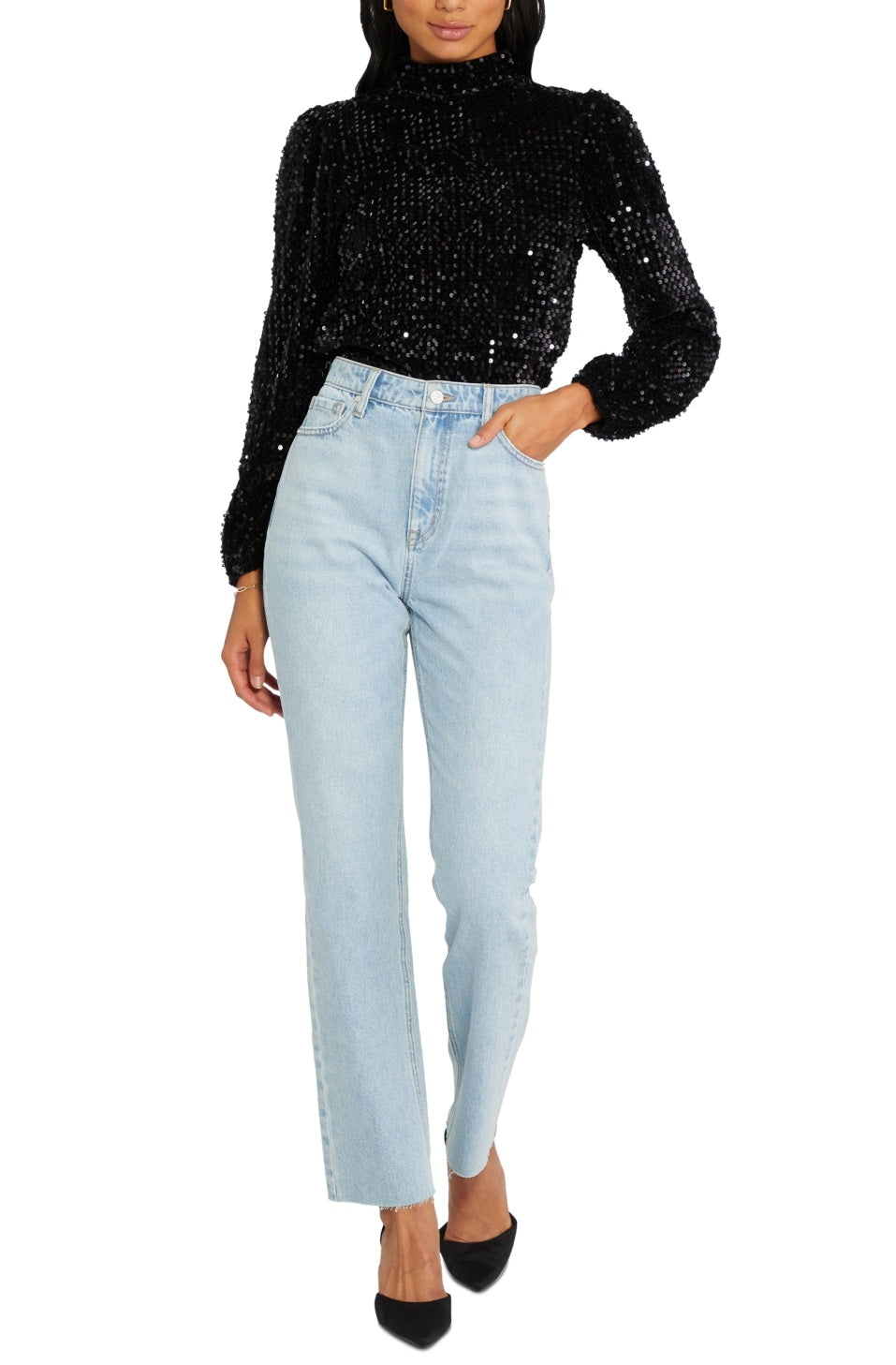 Blusa feminina Sanctuary All Nighter com gola alta, preta, tamanho extragrande