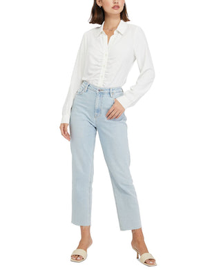 Camisa social feminina Sanctuary com botões franzidos, tamanho extragrande, branca