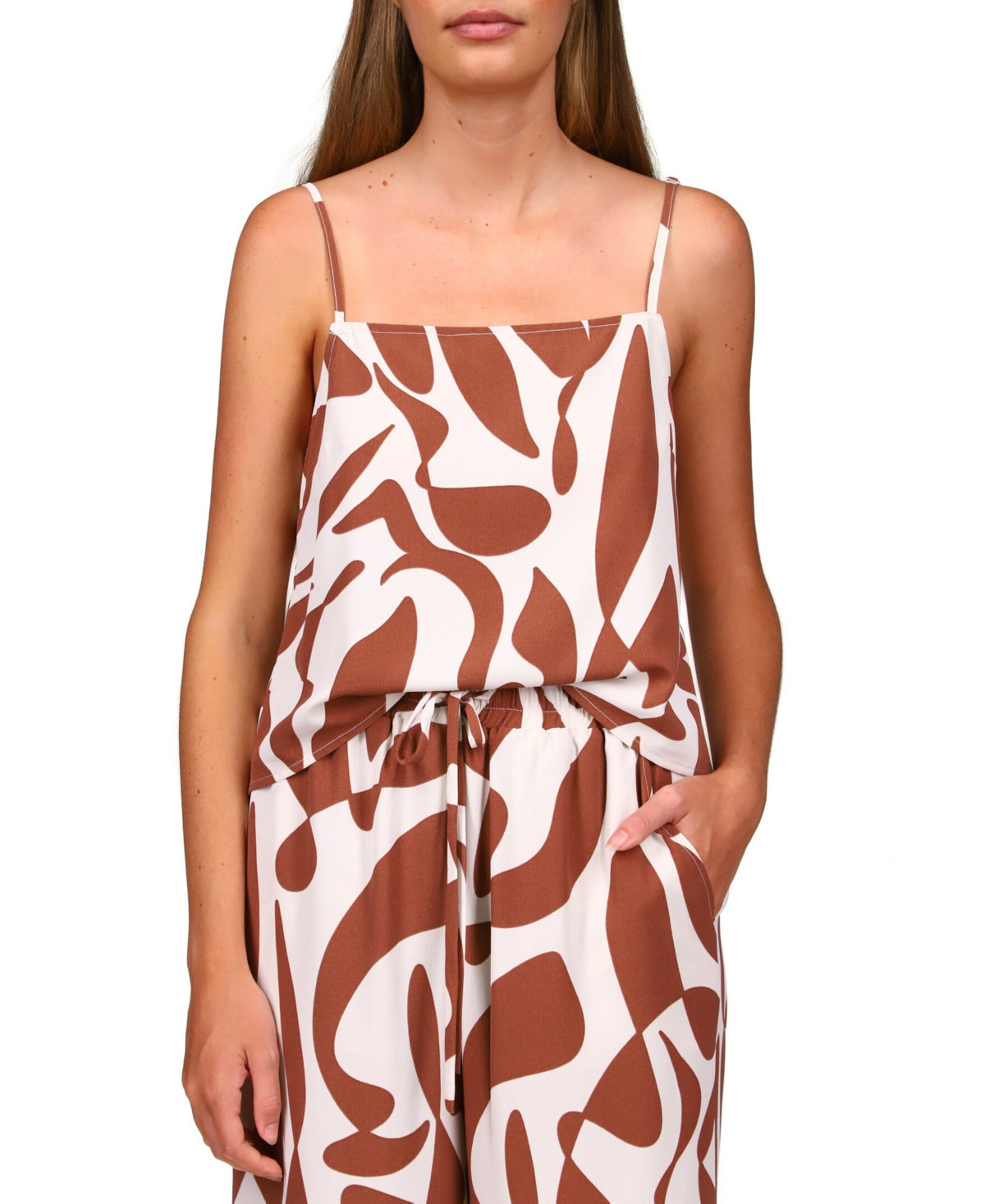 Blusa feminina Sanctuary com alças finas estampadas, marrom, tamanho médio