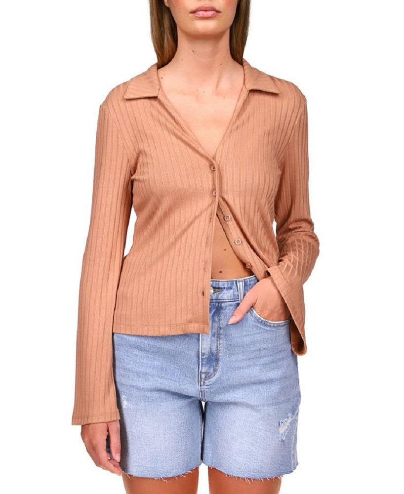 Camisa feminina Sanctuary Skimmer canelada com botões, marrom, tamanho extragrande