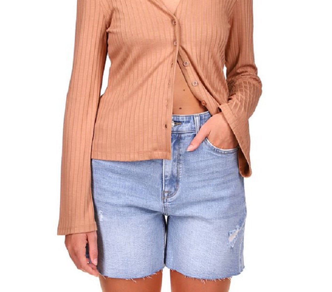 Camisa feminina Sanctuary Skimmer canelada com botões, marrom, tamanho extragrande