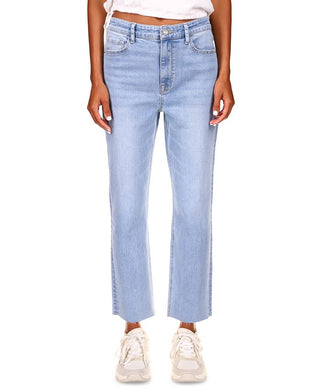 Calça jeans feminina Sanctuary Good Vibes cintura alta com bainha crua e perna reta, azul, tamanho 25