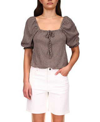 Blusa de algodão estilo camponês com decote quadrado para mulheres Sanctuary, marrom, tamanho X-S