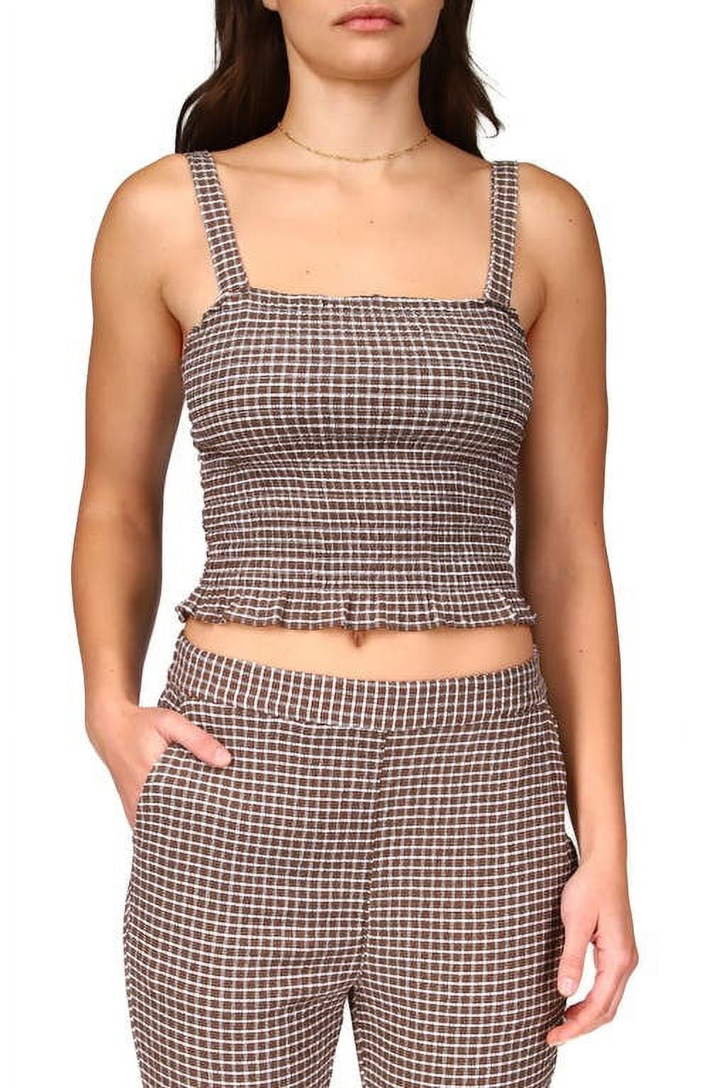 Camisola curta Sanctuary Women's Westside Check Smocked, marrom, tamanho grande
