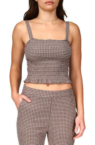 Camisola curta Sanctuary Women's Westside Check Smocked, marrom, tamanho grande