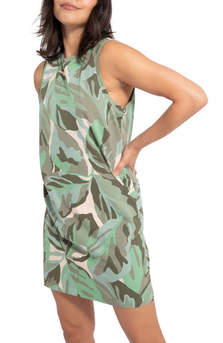 Minivestido feminino Sanctuary com estampa camuflada de folha de palmeira e algodão orgânico elástico, tamanho grande, verde