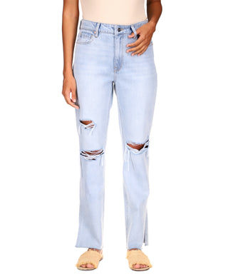 Calça jeans feminina Sanctuary Flashback Cotton perna larga rasgada azul tamanho 25