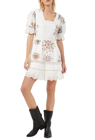 Vestido curto bordado French Connection feminino de algodão Biton, branco, tamanho 6