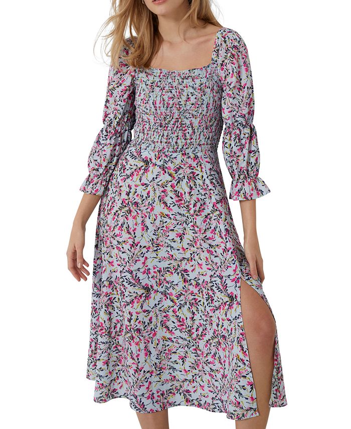 Vestido de crepe com cintura império Flores Verona da French Connection para mulheres, azul, tamanho médio