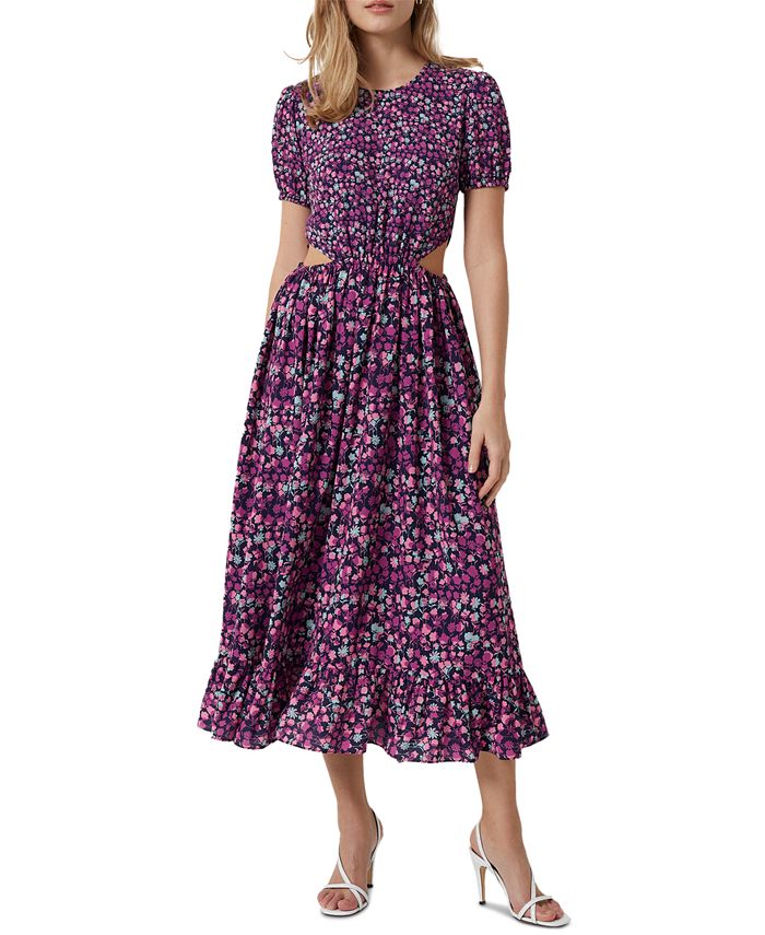 Vestido midi com recorte estampado feminino French Connection, roxo, tamanho 10
