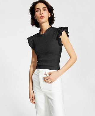 French Connection Camiseta feminina de malha de algodão orgânico franzida, preta, tamanho médio