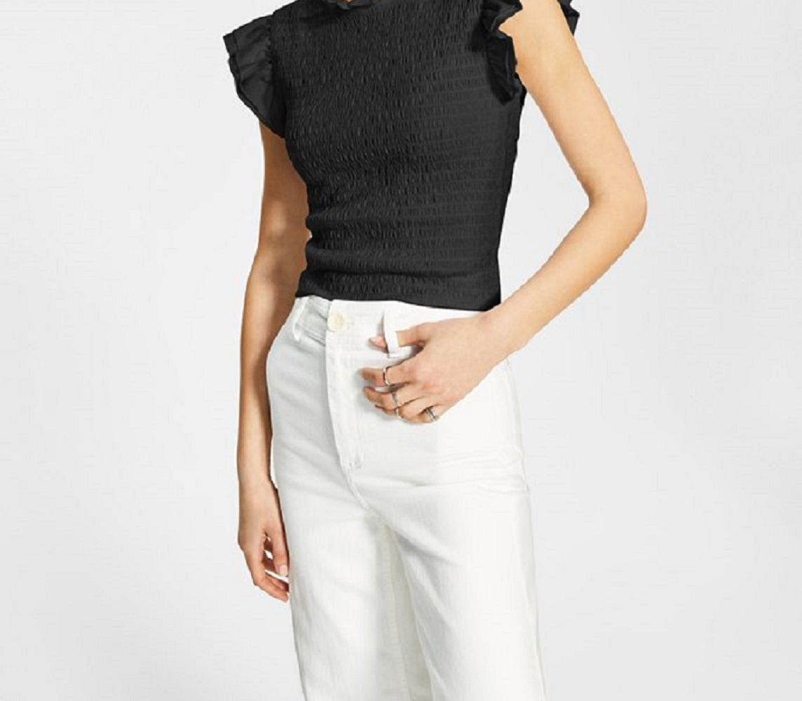 French Connection Camiseta feminina de malha de algodão orgânico franzida, preta, tamanho médio