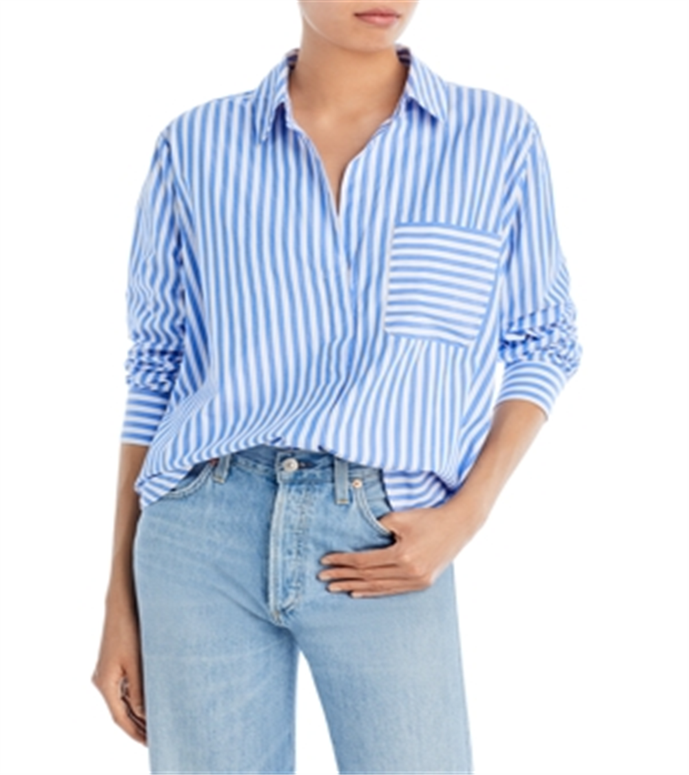 Camisa feminina French Connection com listras grossas e ajuste relaxado, azul, tamanho P