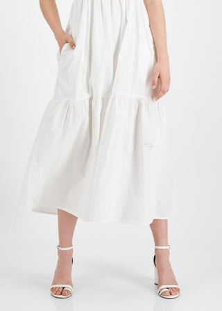 Vestido midi de algodão orgânico franzido feminino French Connection, tamanho 0, branco