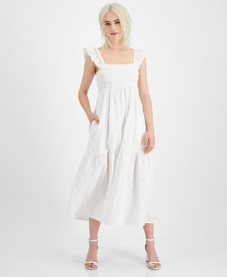 Vestido midi de algodão orgânico franzido feminino French Connection, tamanho 0, branco