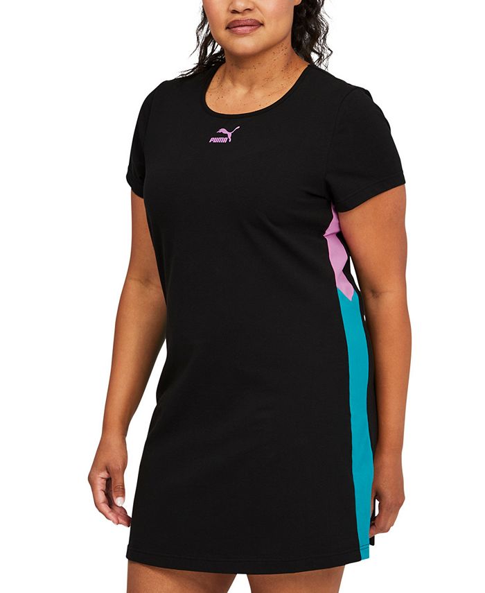 Vestido curto feminino Puma com decote redondo e bloco de cores, preto, tamanho 1X