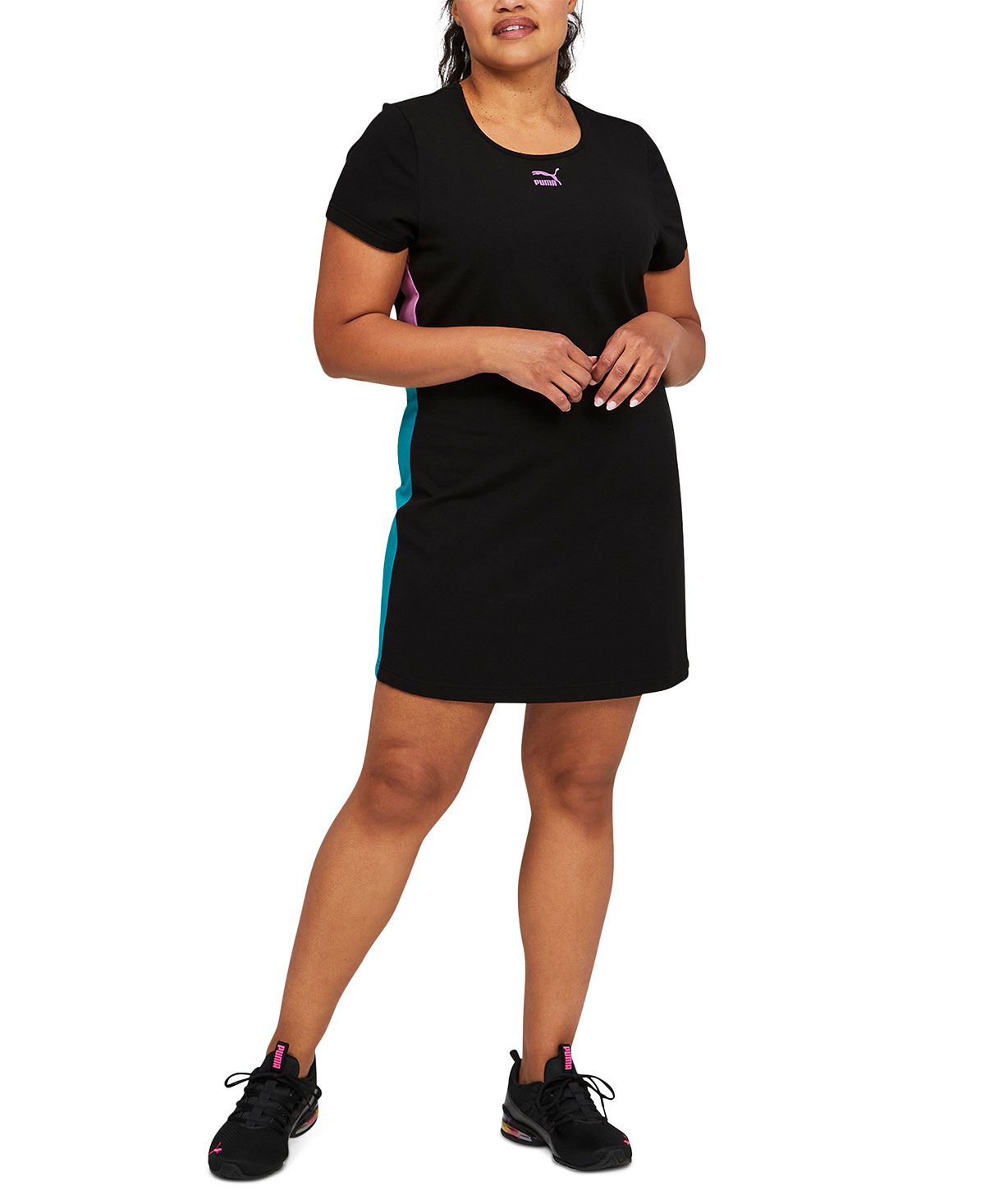 Vestido curto feminino Puma com decote redondo e bloco de cores, preto, tamanho 1X