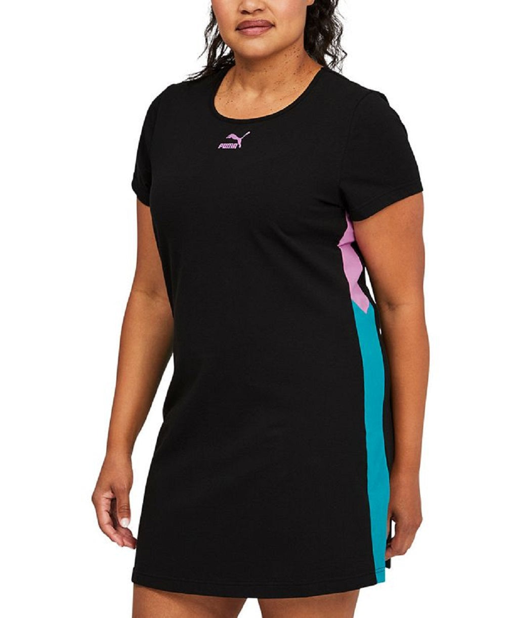 Vestido curto Puma feminino Lava Colorblocked com decote redondo, preto, tamanho 2X