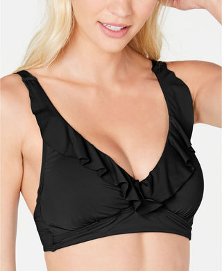 Top de biquíni Ralph Lauren Beach Club feminino, liso, com babados e aro, preto, tamanho 12