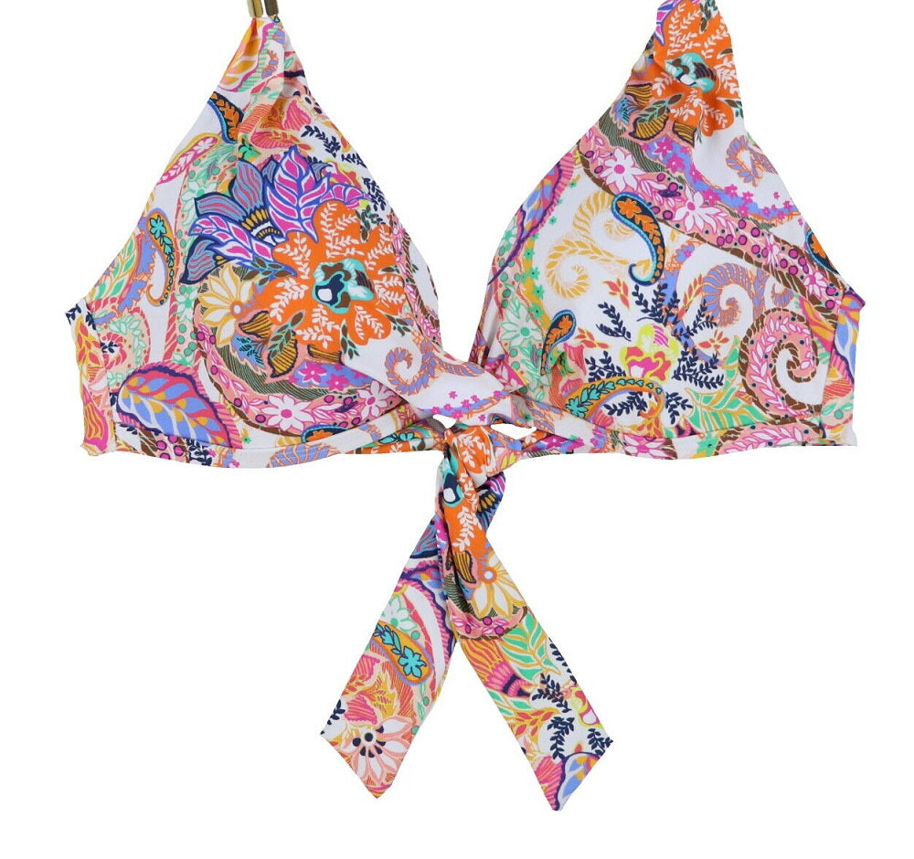 Top de banho feminino Ralph Lauren com estampa Paisley Majestic e bojo moldado, torcido, branco, tamanho 10