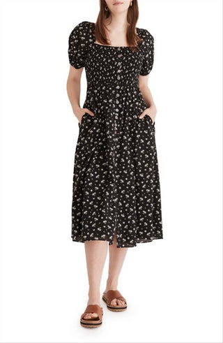 Vestido de algodão misto com decote quadrado e franzido Madewell em preto verdadeiro floral tamanho grande