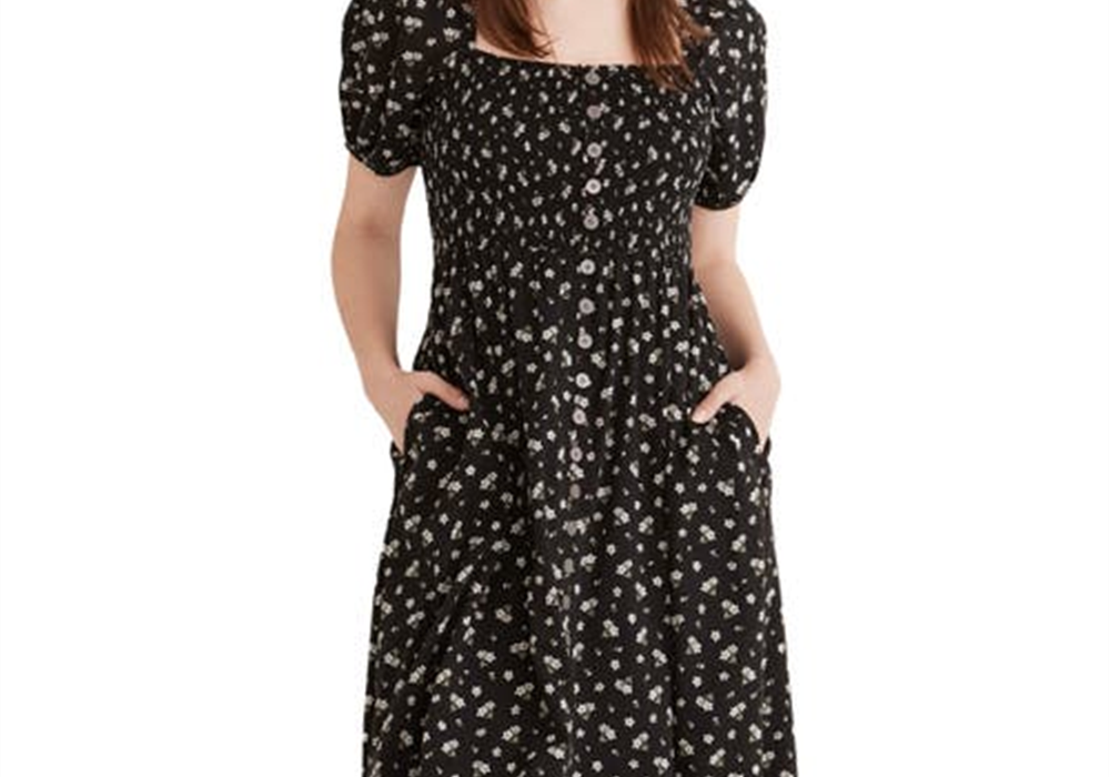 Vestido de algodão misto com decote quadrado e franzido Madewell em preto verdadeiro floral tamanho grande