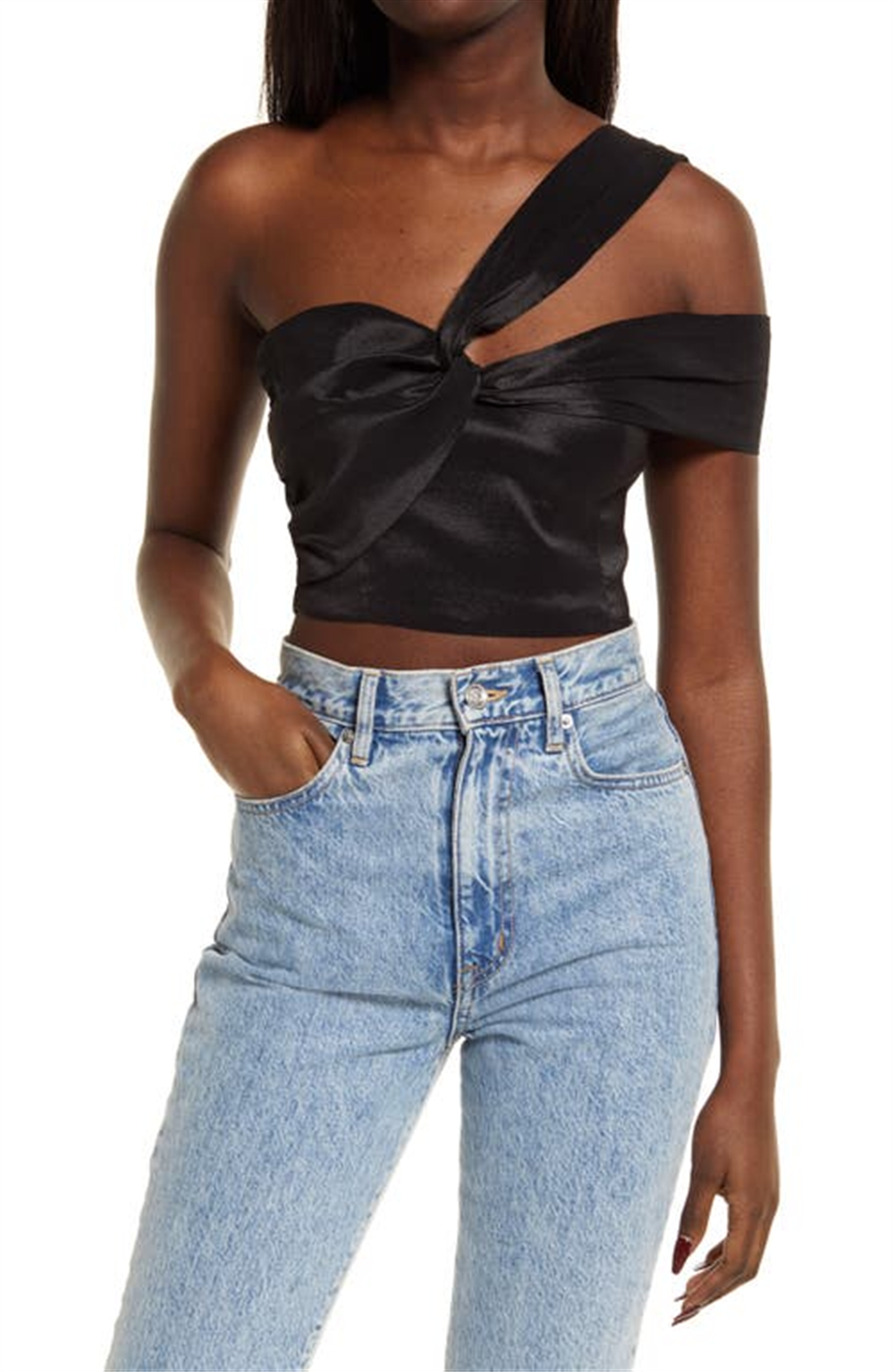 Top curto de cetim preto Lulus Party Queen tamanho XS