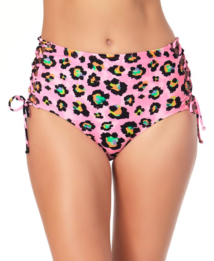 Biquíni feminino de cintura alta com renda lateral California Waves, rosa