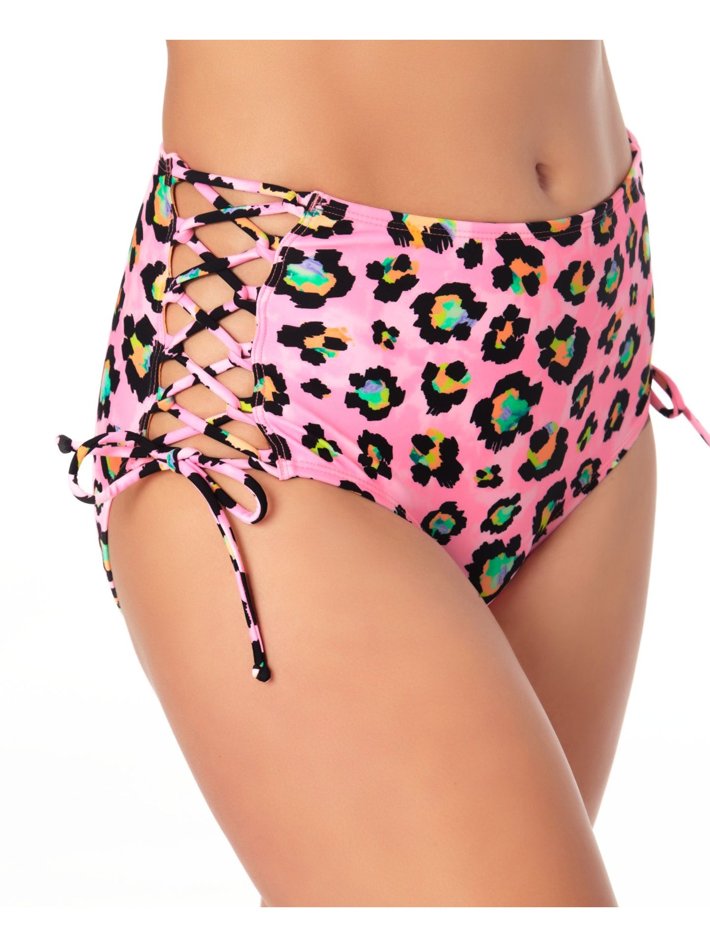Biquíni feminino de cintura alta com renda lateral California Waves, rosa