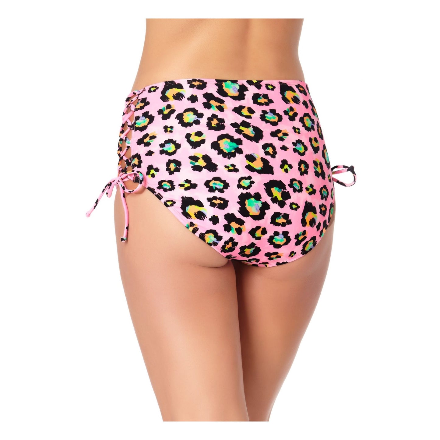 Biquíni feminino de cintura alta com renda lateral California Waves, rosa